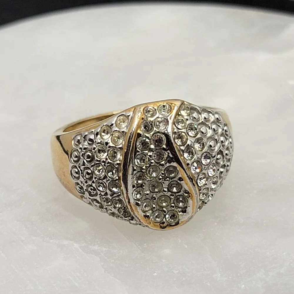Vintage Signed RINC Coctail Ring Gold Tone Faux Diamond